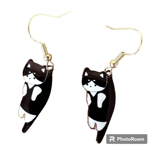 Cat Earrings New Black White Kitty Lover Dangle Hooks Christmas Birthday… - Picture 1 of 12